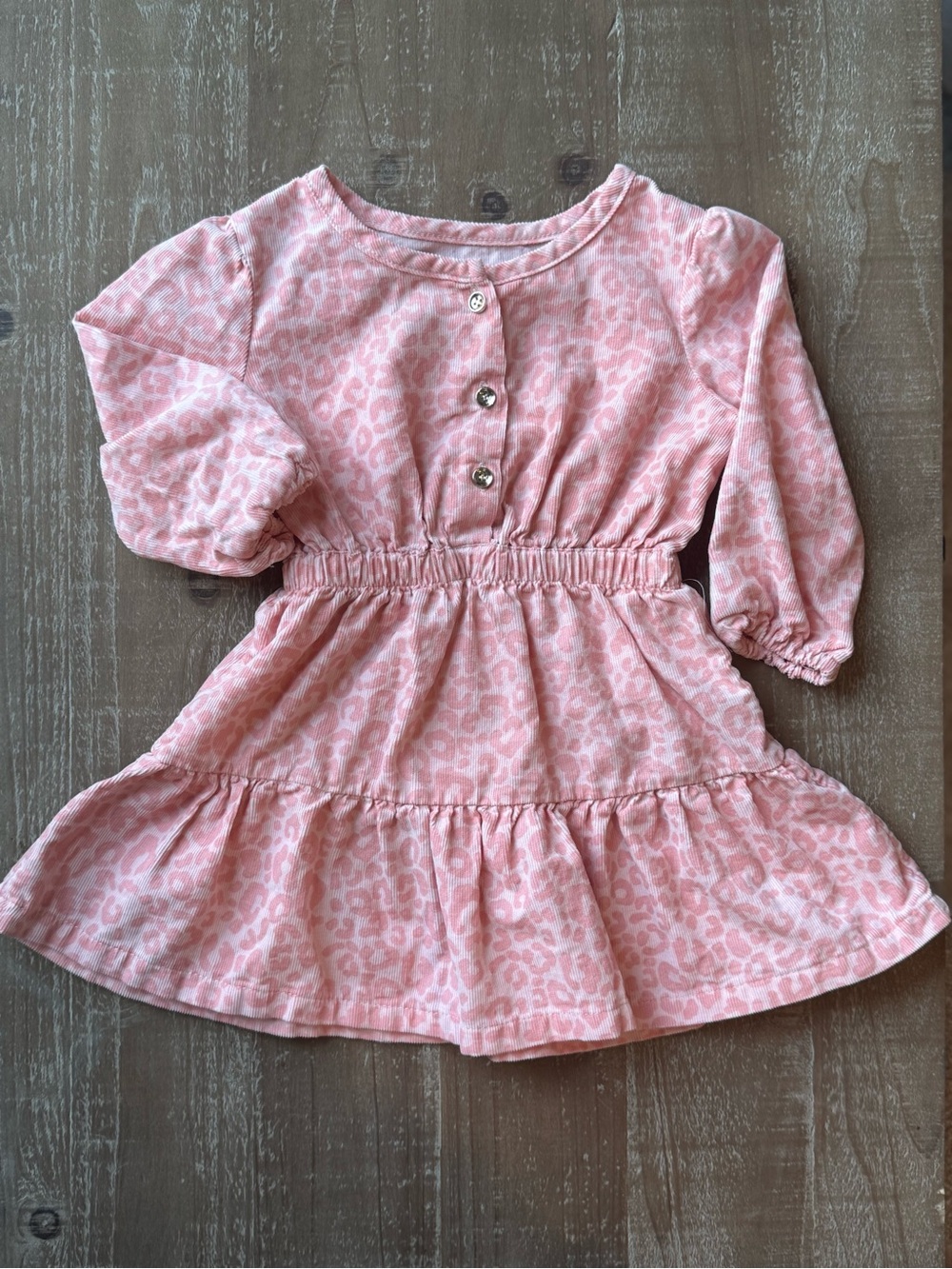 +Rachel Zoe Pink Leopard Corduroy Tiered Dress 12M Baby Girl Gold Buttons